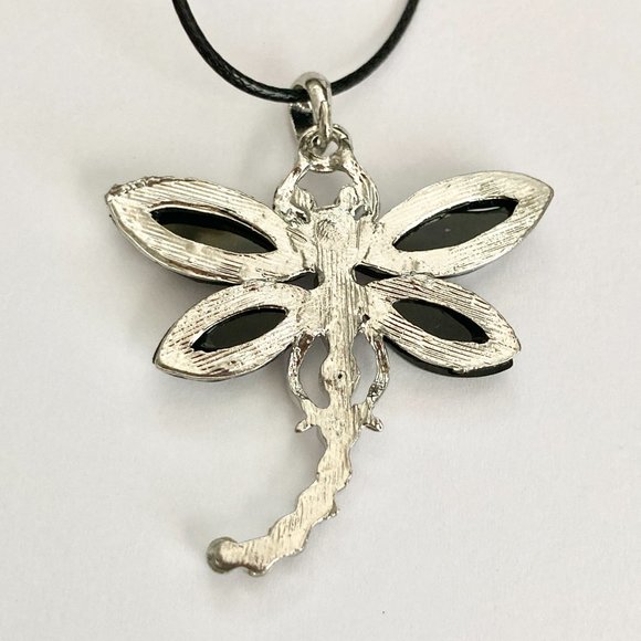 Vtg Dragonfly Necklace Pendant Insect Gray Crystal Silver Plated Black Cord 18" - Picture 7 of 10
